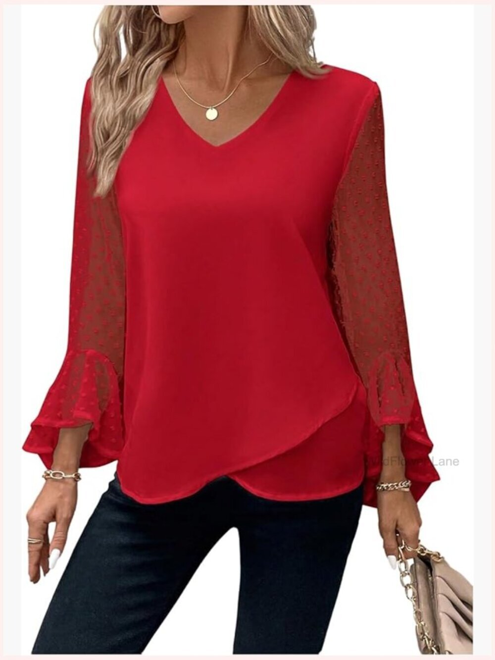 V Neck Mesh Bell Sleeve Blouse Swiss Dots Ruffle Tunic Top Party Wear